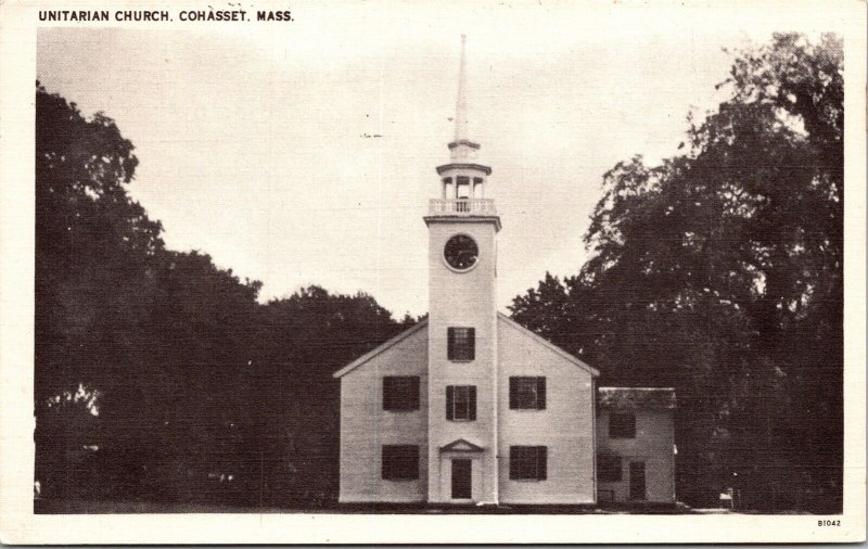 Unitarian Church Cohasset Massachusetts MA WB Postcard PM Cancel WOB Note VTG 