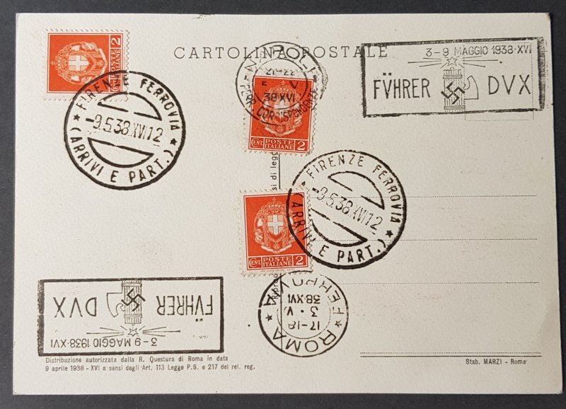 THIRD REICH ORIGINAL POSTCARD MUSSOLINI - HITLER NAZI AXIS MEETING ROME 1938