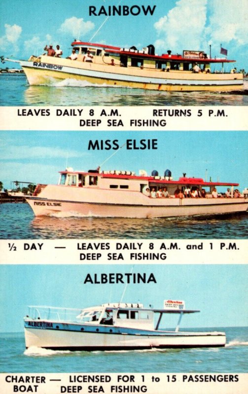 Deep Sea Fishing Boat Trio of Vessels Clearwater Beach Florida Vintage  Postcard 1967 Slogan Cancel the Rainbow Miss Elsie and Albertina 
