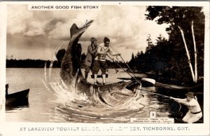 Canada Lakeview Tourist Tichborne Ontario Exaggerated Fish RPPC Postcard Y15