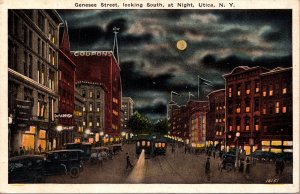 Postcard NY Utica Genesse Street Looking South at Night