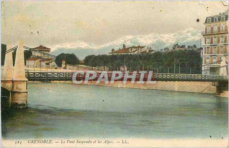 Old Postcard Grenoble Suspension Bridge and the Alps