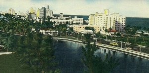 Postcard Bird's Eye View of Pancoast Lake and Luxury Hotels in Miami Beach, RI.