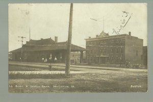 Monticello IOWA RPPC 1910 DEPOT Train Station HOTEL Lovell nr Anamosa Cascade