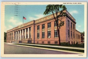 1950 Post Office Building Side View Stairs Street Flag Flint Michigan Postcard