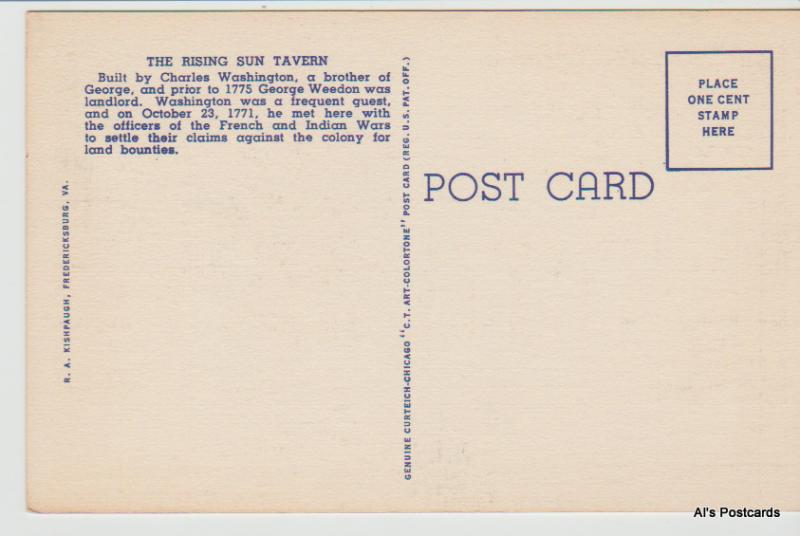 RISING SUN TAVERN, Fredericksburg, Virginia, VA. Unposted Linen Postcard (A61)