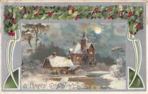 house cottage w snow holly silver edging c1907 christmas postcard ac130