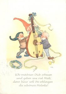 Mandolin musical dwarfs caricature 1955 artist postcard Switzerland