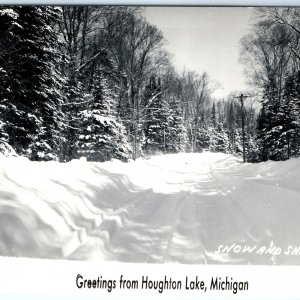 c1940s Houghton Lake, Mich RPPC Snow & Shadows on Road Real Photo Postcard A100