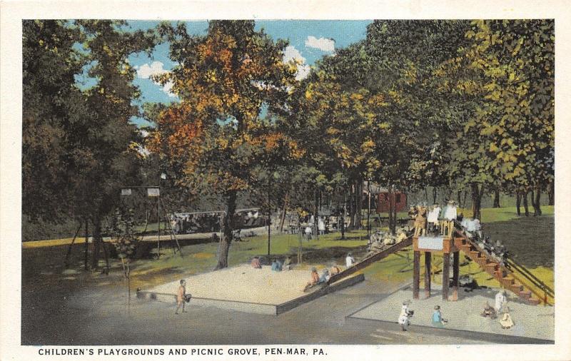 Pen-Mar Pennsylvania~Children's Playground & Picnic Grove~Kids @ Slide~1920s Pc