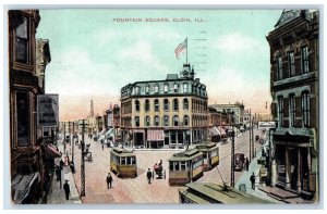 1908 Fountain Square Trolley Buildings Elgin Illinois IL Posted Antique Postcard