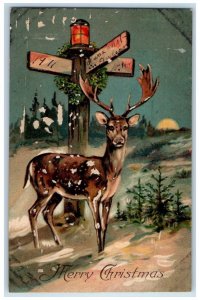 1911 Christmas Deer Road Signs Light Winter Snowfall Embossed Nashua NH Postcard