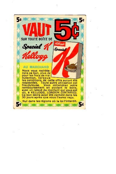 Vintage Kellogg's Coupon, 5C Off Special K  Advertising, French, English Sides