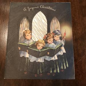 Beautiful Vintage Christmas Card - Choir Children Before Fabric Window on Black