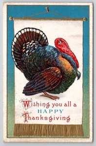 Thanksgiving Wishes Turkey On Faux Gilt Banner Postcard V22