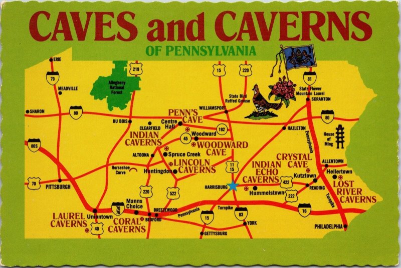 CONTINENTAL POSTCARD ANIMATED PICTORIAL MAP THE CAVES & CAVERNS OF PENNSYLVANIA