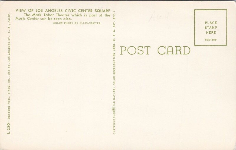 Los Angeles Civic Center LA California CA Mark Tabor Theatre Unused Postcard H48