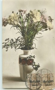 Postcard Greetings flowers bouquet vase rose multi color