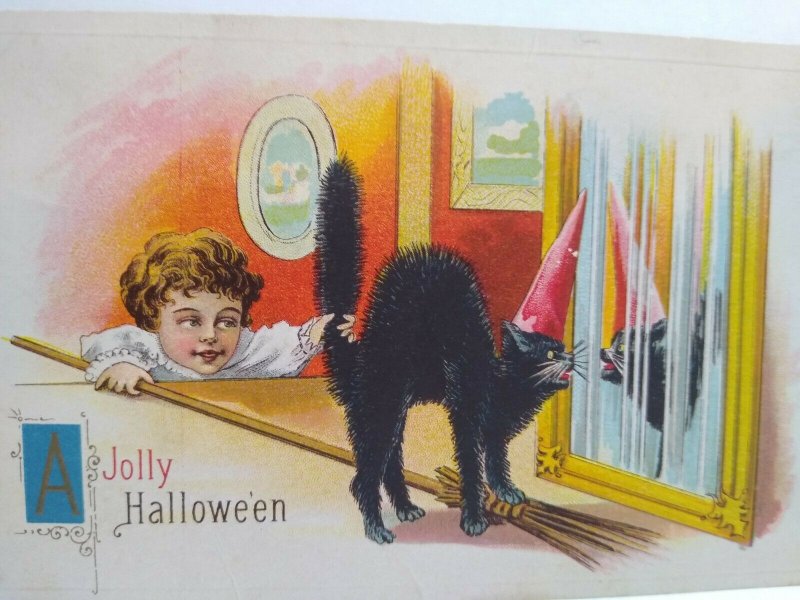 Halloween Postcard Child Grabs Black Cat By Tail 1914 Barton Spooner Series 619