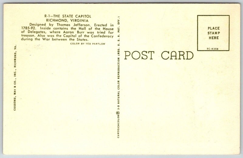 Richmond Virginia 1950s Postcard The State Capitol