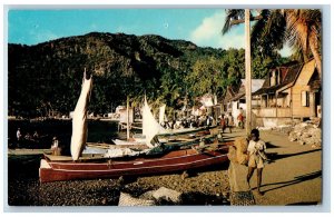 St. Lucia W.I. Postcard Dug-Out Fishing Canoes on Carribean Beach c1960's