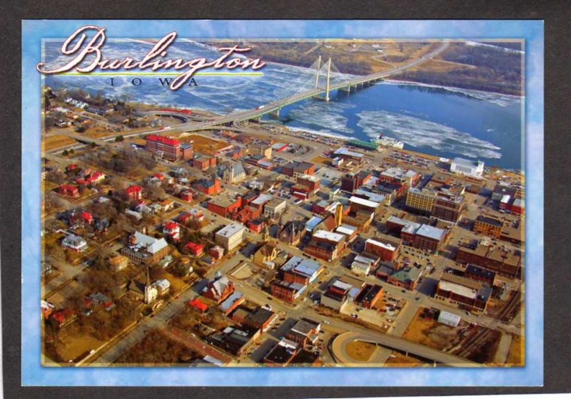 IA Aerial View Burlington Iowa Great River Bridge Snake Alley Postcard