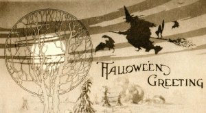 1910 Halloween Silhouette Witch Bats Black Cat Moon Gibson Postcard F96