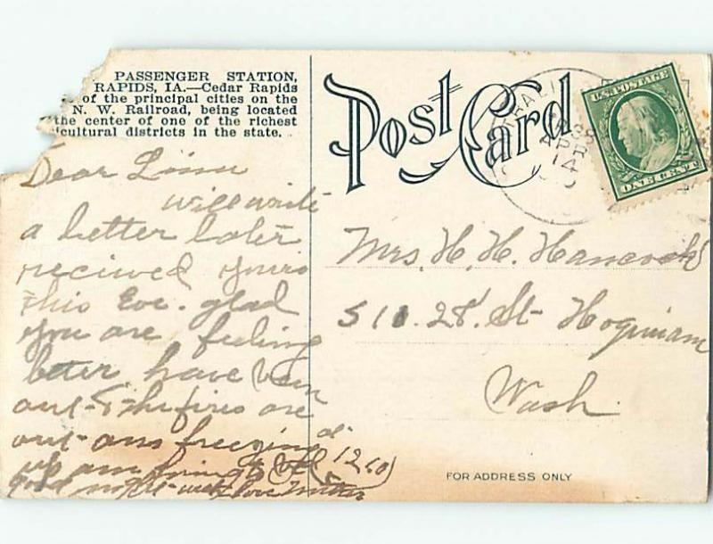 Divided-Back UNION TRAIN STATION Cedar Rapids Iowa IA ho3342