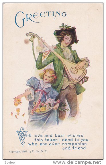 GREETING; Man playing mandolin to girl tossing yellow flowers from apron, Poe...