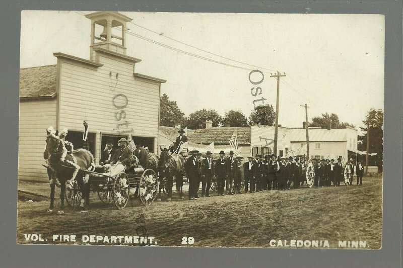 Caledonia MINNESOTA RP c1910 VOLUNTEER FIRE DEPARTMENT Firemen Fire Wagon