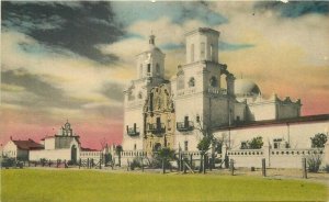 Arizona Tucson Sunny Scenes Mission San Xavier hand colored Postcard 22-5210