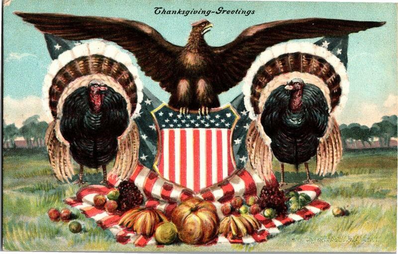 Patriotic Turkeys, Eagle, Vegetables Thanksgiving Greetings Vintage Postcard Q21