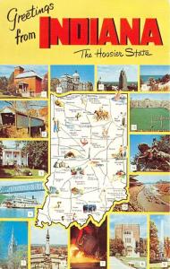 Indiana~Map Postcard~Covered Bridge~SS Delta Queen~Notre Dame~Purdue~Tippecanoe