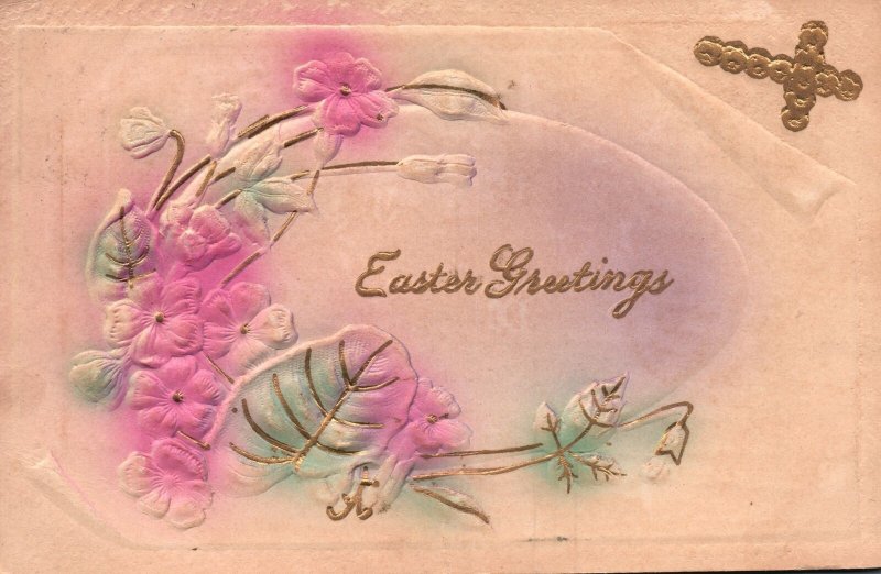 Easter Greetings Flowers Leaves Design Eastertide Wishes Card Vintage Postcard