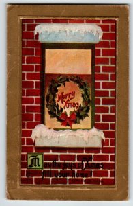 Christmas Postcard Snow On Flower Boxes Wreath In Window Brick Front Home Moss