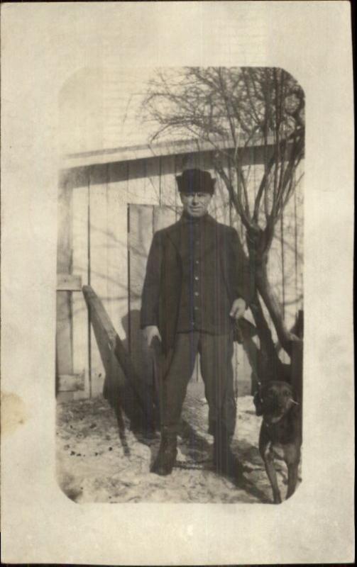 Hunting - Man w/ Gun & Dog on Leash c1910 Real Photo Postcard