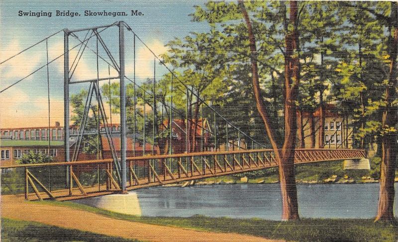 Skowhegan Maine~Swinging Bridge Spanning Kennebec River~1940s Postcard