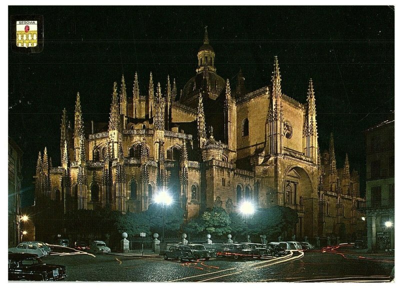 Segovia Cathedral Church Spain at Night Old Cars Postcard 4 x 6