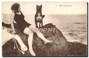 Postcard Old Dog Dogs Pretty Woman bather