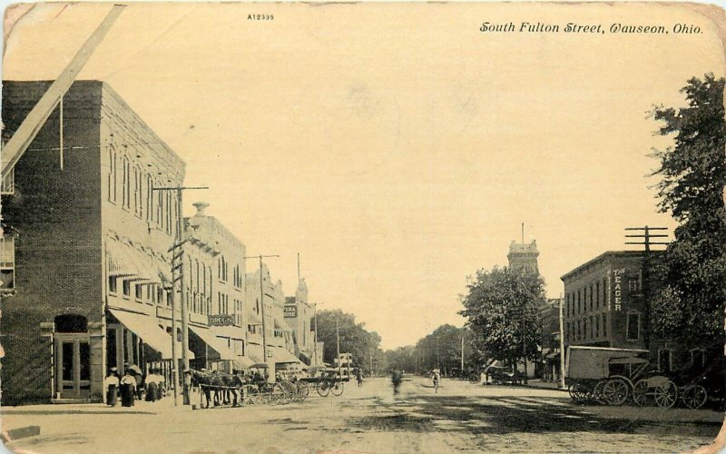 c1910 Postcard Wauseon OH South Fulton Street Scene Business District Fulton Co.