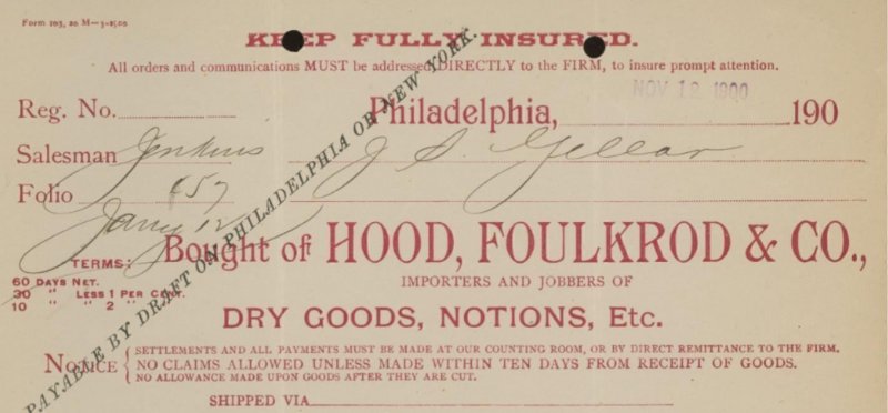 1900 HOOD, FOULKROD & CO. PHILADELPHIA PA DRY GOODS NOTIONS INVOICE 31-34