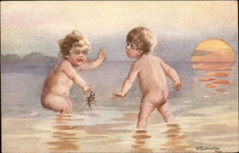 Bare Butt Kids Play in Ocean Bitten by Crab Sunset c1910 Postcard