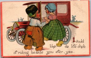 Postcard Dutch Boy Girl Car life chob riding beside you 1913 Barrowsville MA