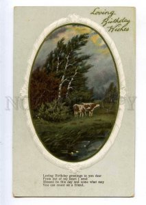 234998 BIRTHDAY Wishes COW Landscape Vintage Embossed PC