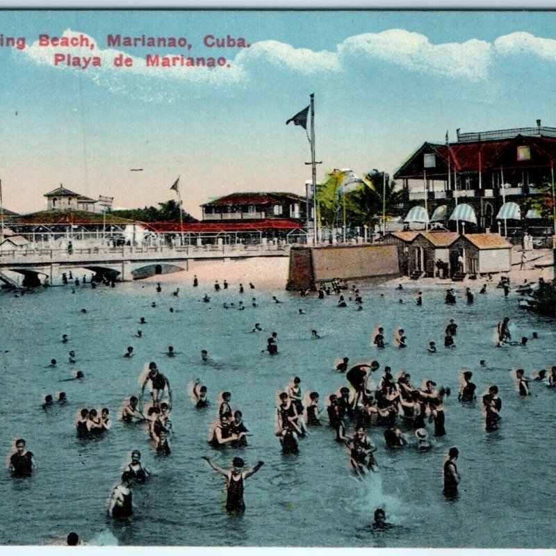 c1910s Marianao, Cuba Bathing Beach Swimming Litho Photo Postcard Playa Kids A43