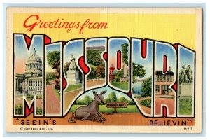 1943 Greetings From Missouri MO, Large Letters WW2 Soldier Mail Postcard 