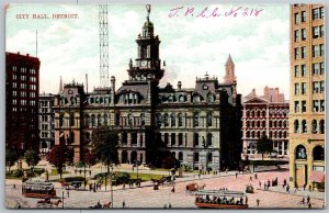 Detroit Michigan 1910 Postcard City Hall Street Scene Streetcars