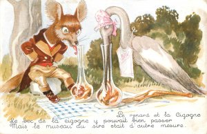 Humanized animals fox and stork bird caricature French fable vintage postcard