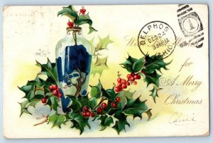 1906 Christmas Holly Berries In Vase Delphos Ohio OH Embossed Tuck Postcard
