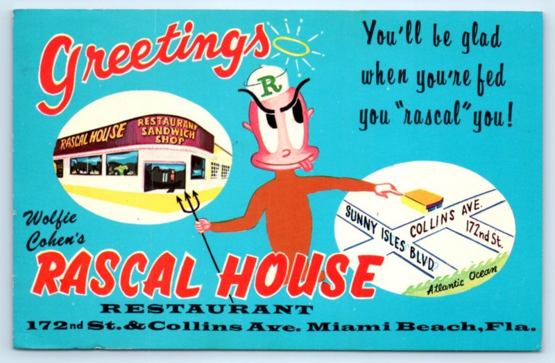 Miami FL Rascal House Restaurant Angel Devil Sandwich Shop Postcard